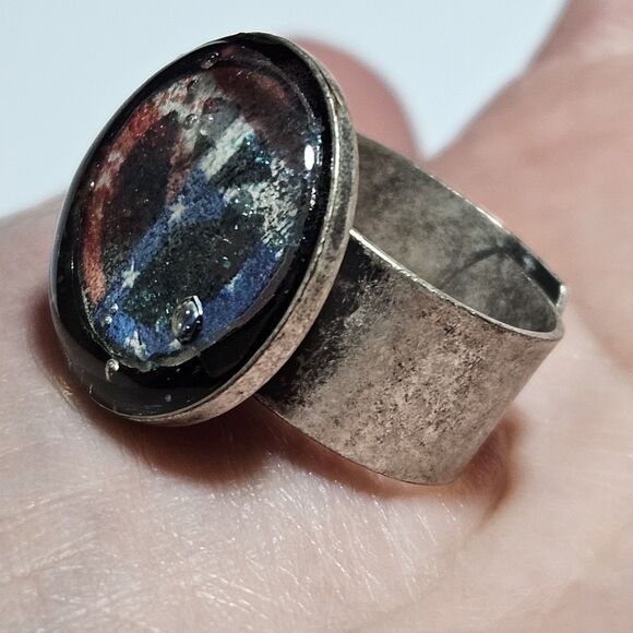 Hand Made Silver Tone Adjustable Red White And Blue Peace Sign Ring - Picture 3 of 13